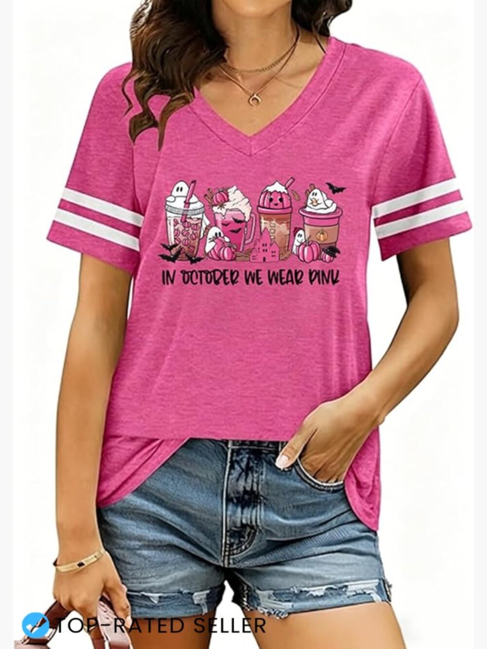V-Neck Awareness Tee Soft Cotton Blend Relaxed Fit Support Pink Ribbon